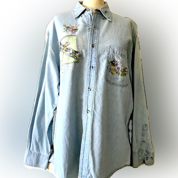 Denim Shirt Hand Painted MAJOR MARKDOWN Soft, Colorful Floral & Dragonflies L - Picture 1 of 11